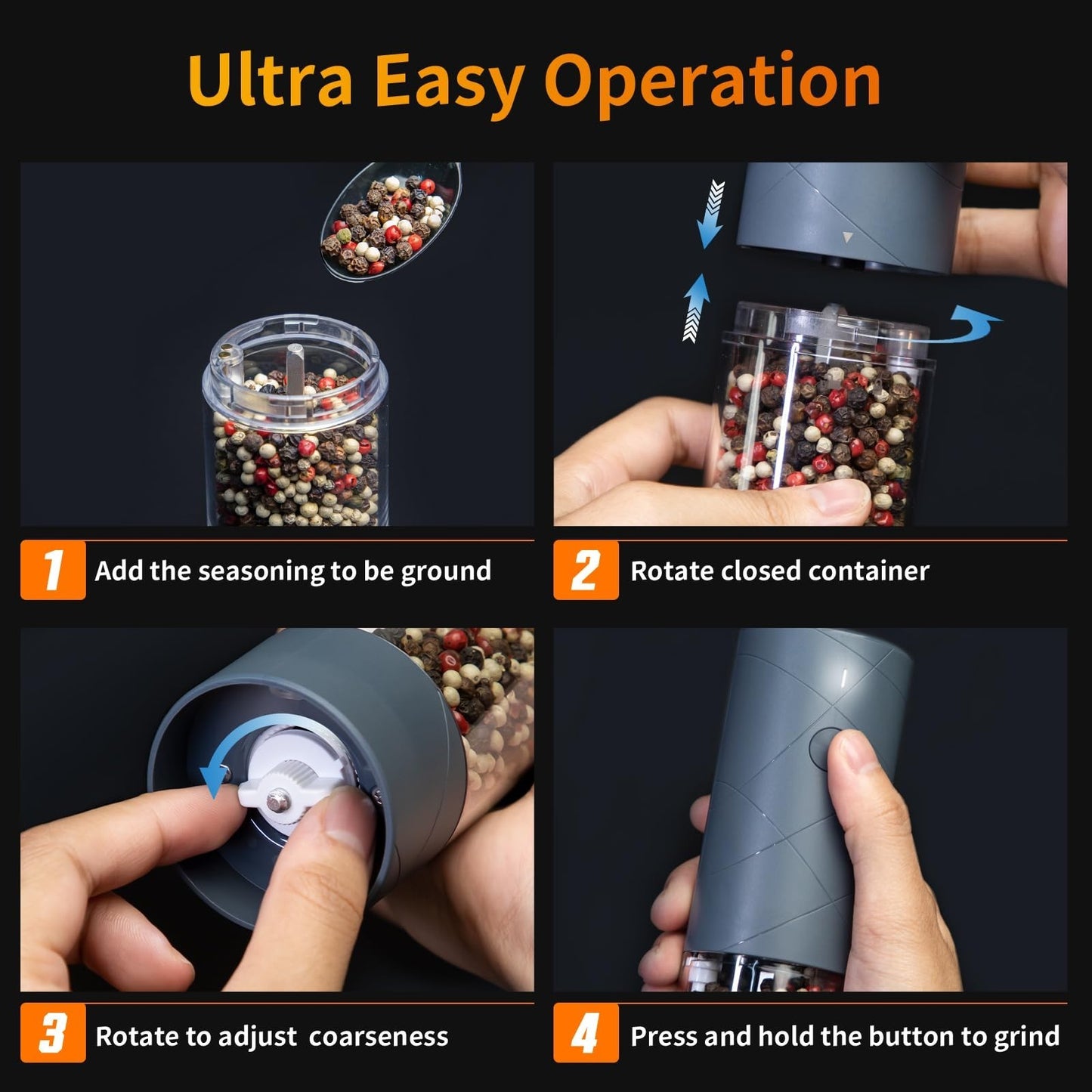 2 Pack USB Rechargeable Electric Salt & Pepper Grinders with LED Light, Adjustab6