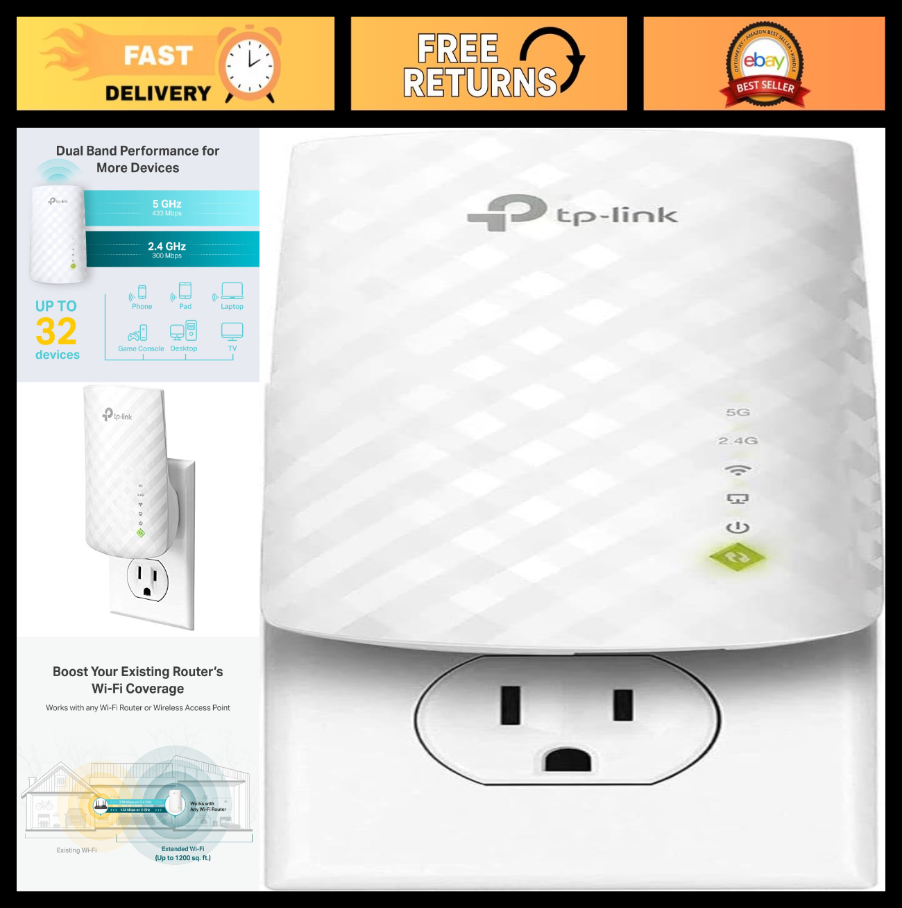 WiFi Range Extender with Ethernet Port, Dual Band 5GHz/2.4GHz, 1200 Sq.ft Covera0