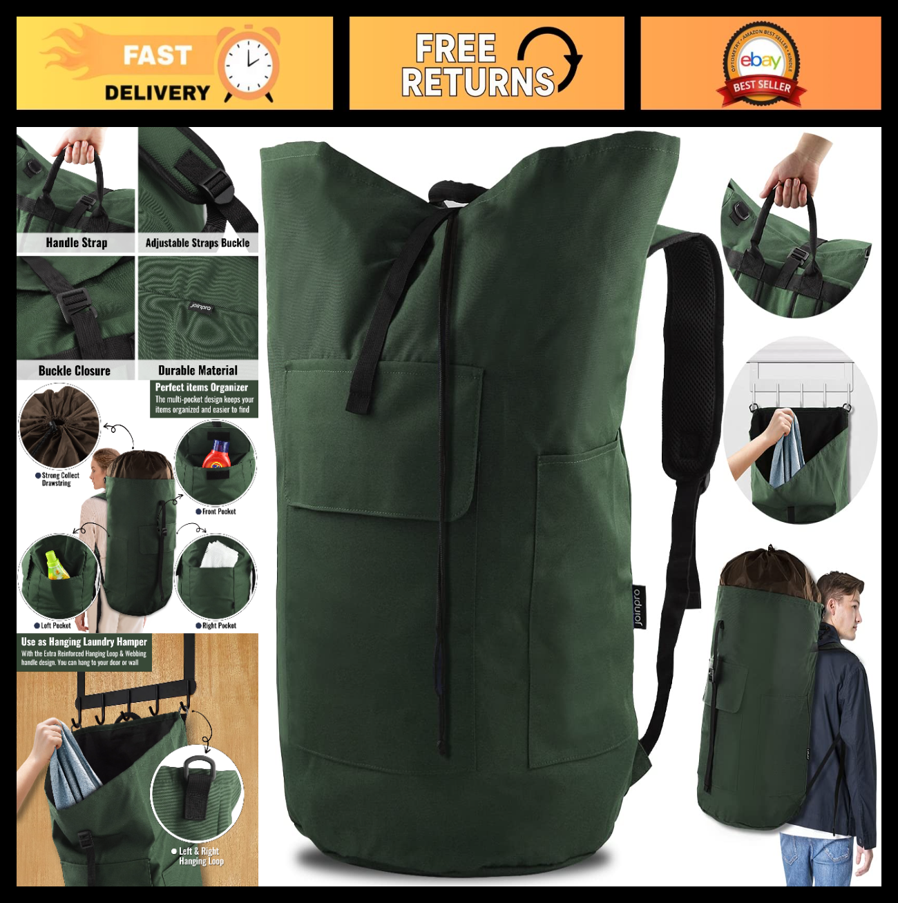 Extra Large Laundry Backpack 125L, Heavy Duty Hamper with Padded Straps & 3 Pock0