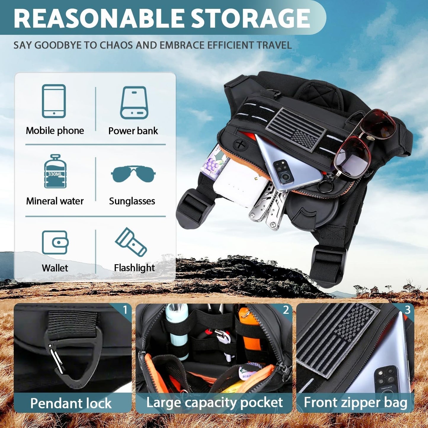Lightweight Water-Resistant Chest Bag for Men - Front Running Vest with Phone Ho3