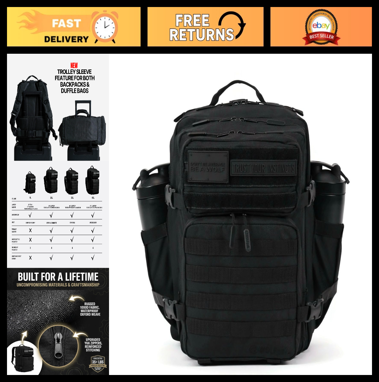 Durable 35L Waterproof Gym Backpack, MOLLE Webbing, Laptop Pocket, Athletic Gear0