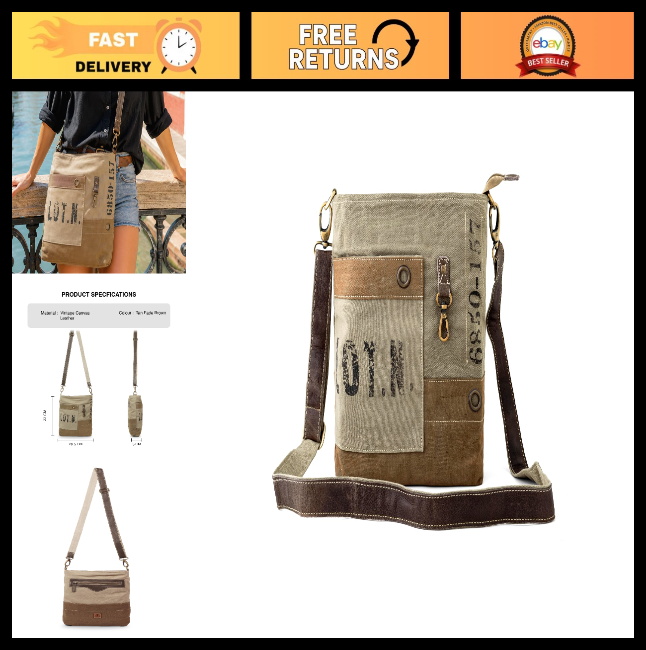Upcycled Vintage Canvas & Leather Messenger Shoulder Bag   Stylish & Durable0