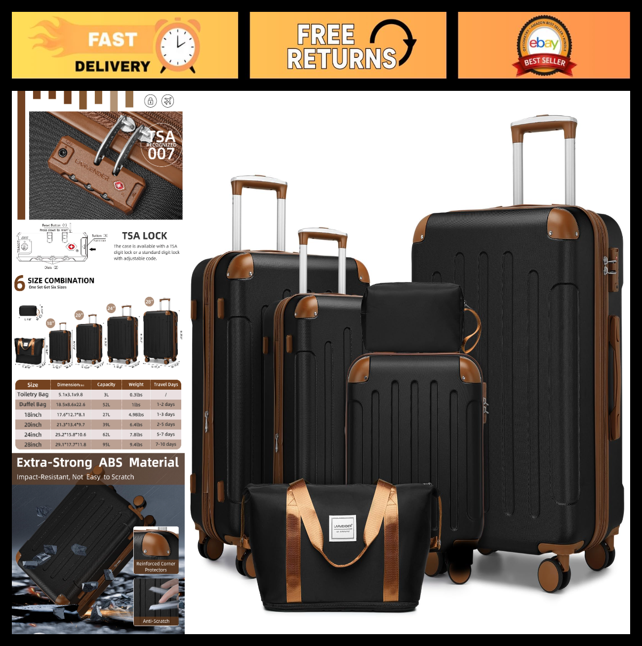 6-Piece Expandable Luggage Set, Lightweight Hardshell Suitcases, TSA Lock, 360°0