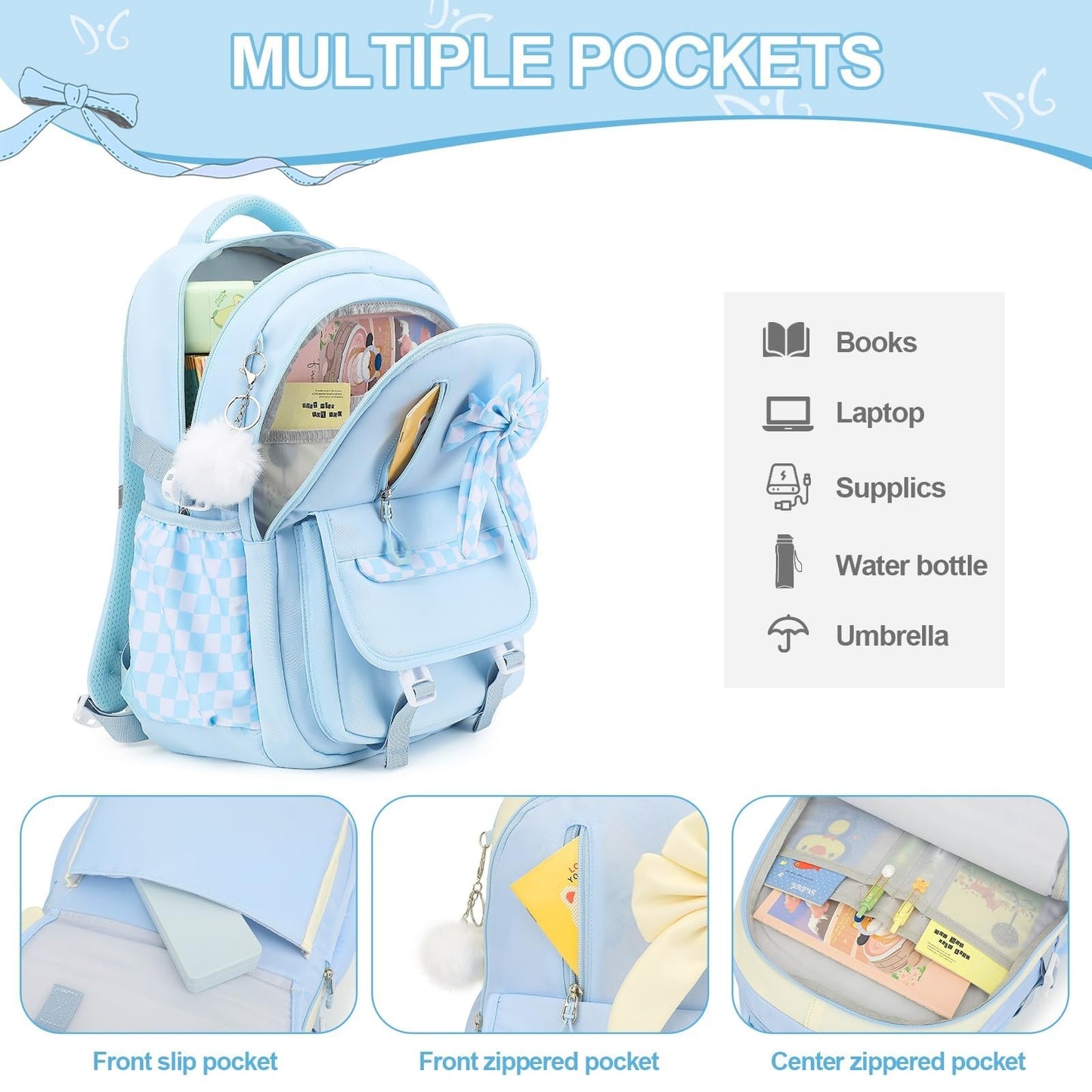 Girls Bow Backpack Set   3PCS with Lunch Bag & Pencil Case, Stylish School Bag3