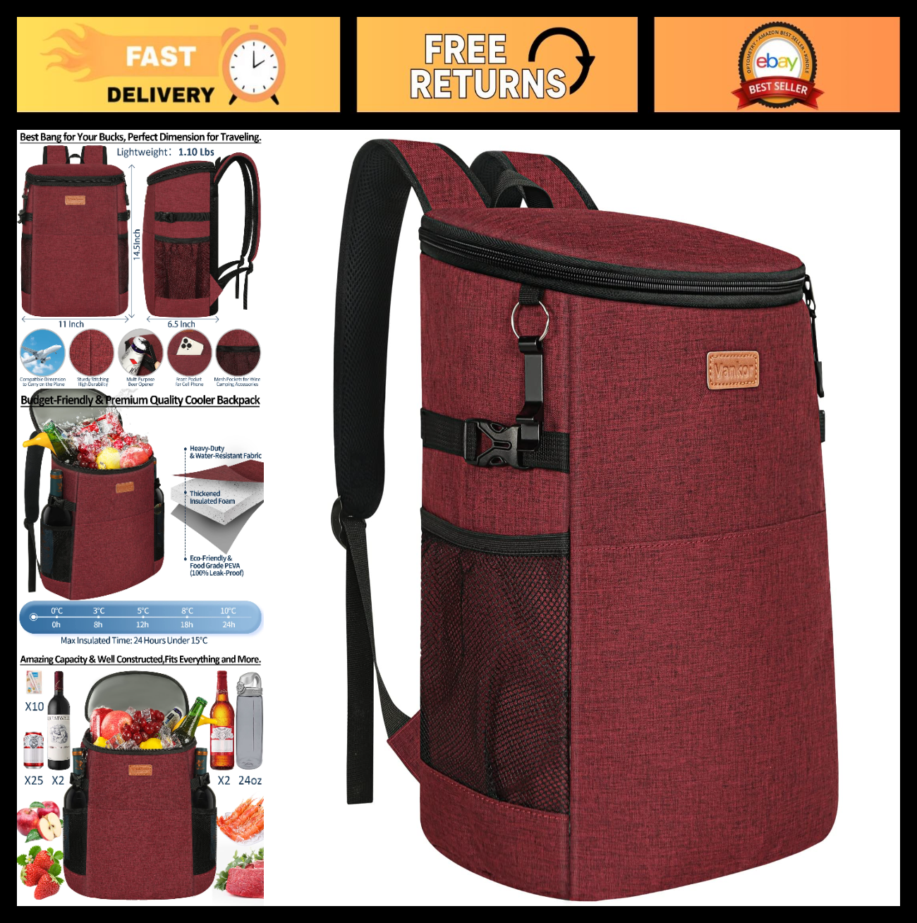 Insulated Camping Cooler Backpack - Holds 30-45 Cans, Waterproof, Leak-Proof for0