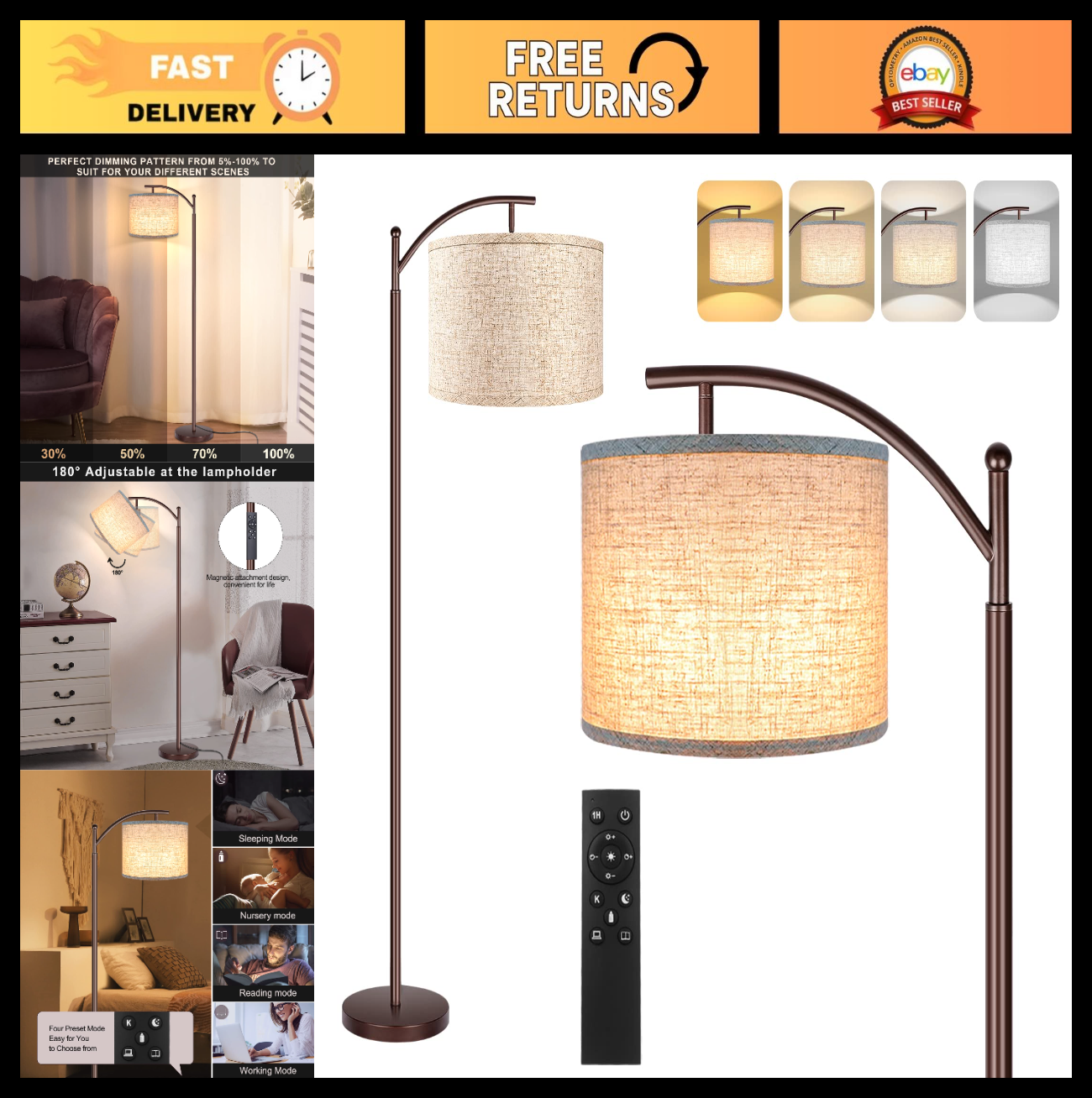 Modern LED Floor Lamp with Remote & Foot Switch, 4 Color Temperatures, Oil Rubbe0
