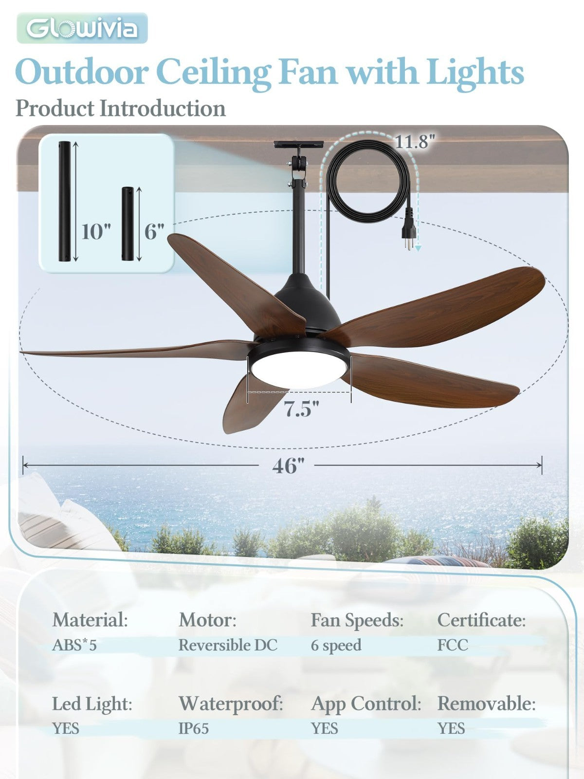 46" Waterproof Outdoor Ceiling Fan with Lights, Remote & APP Control, 6 Speeds,4