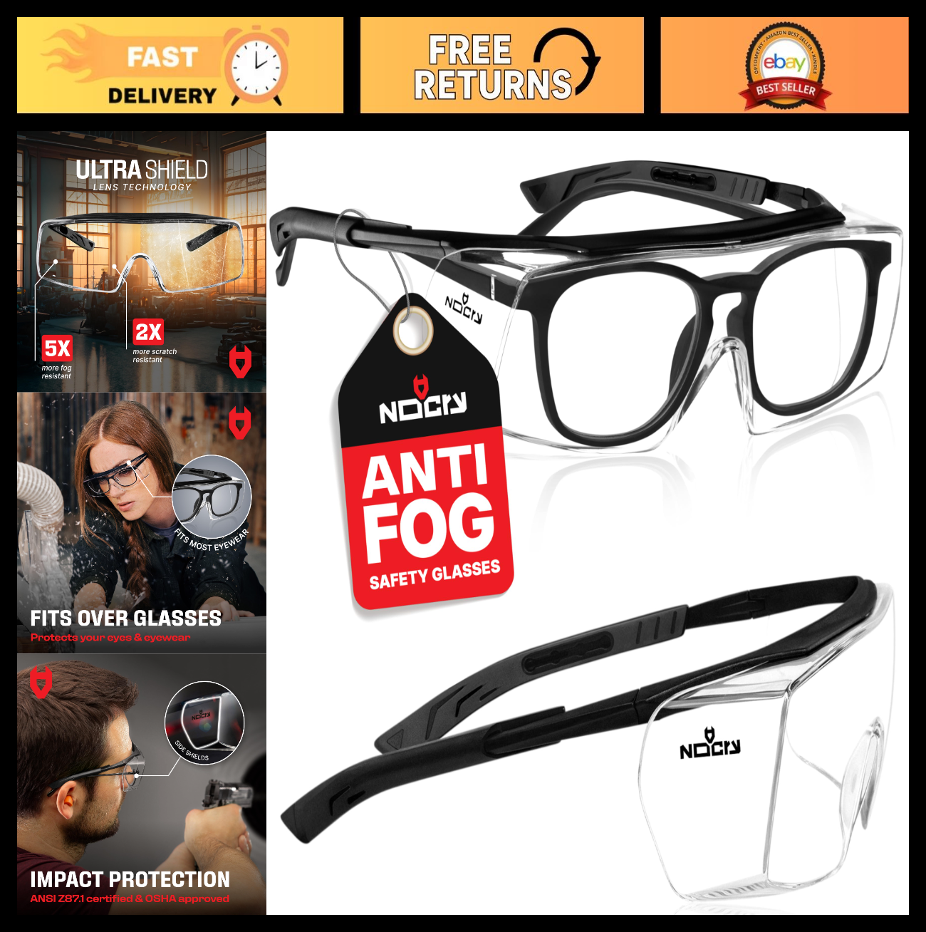 Anti Fog Safety Glasses Over Glasses, Scratch Resistant, UV Protection, ANSI Z870