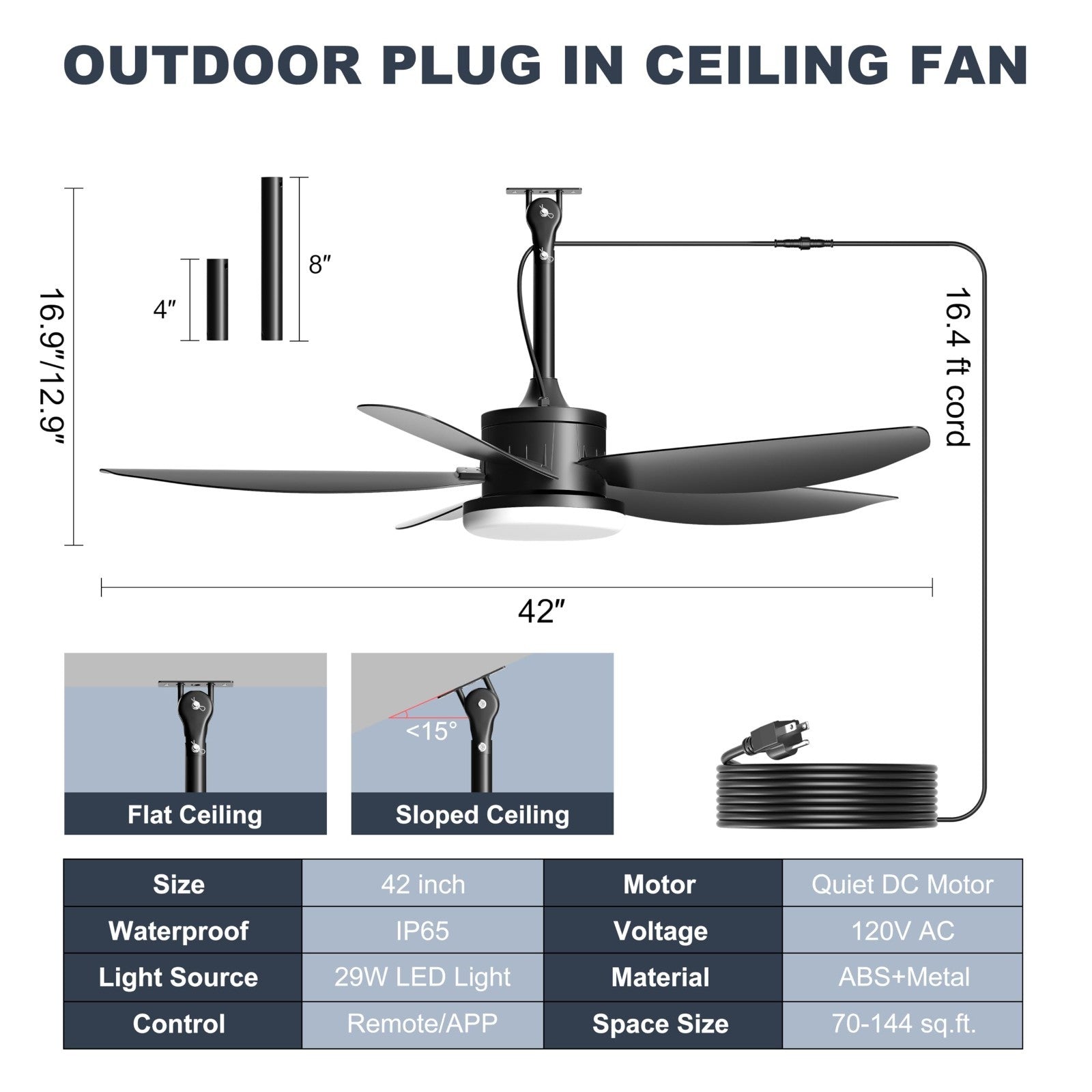 42" Waterproof Outdoor Ceiling Fan with Lights, Remote Control, Quiet DC Motor,1
