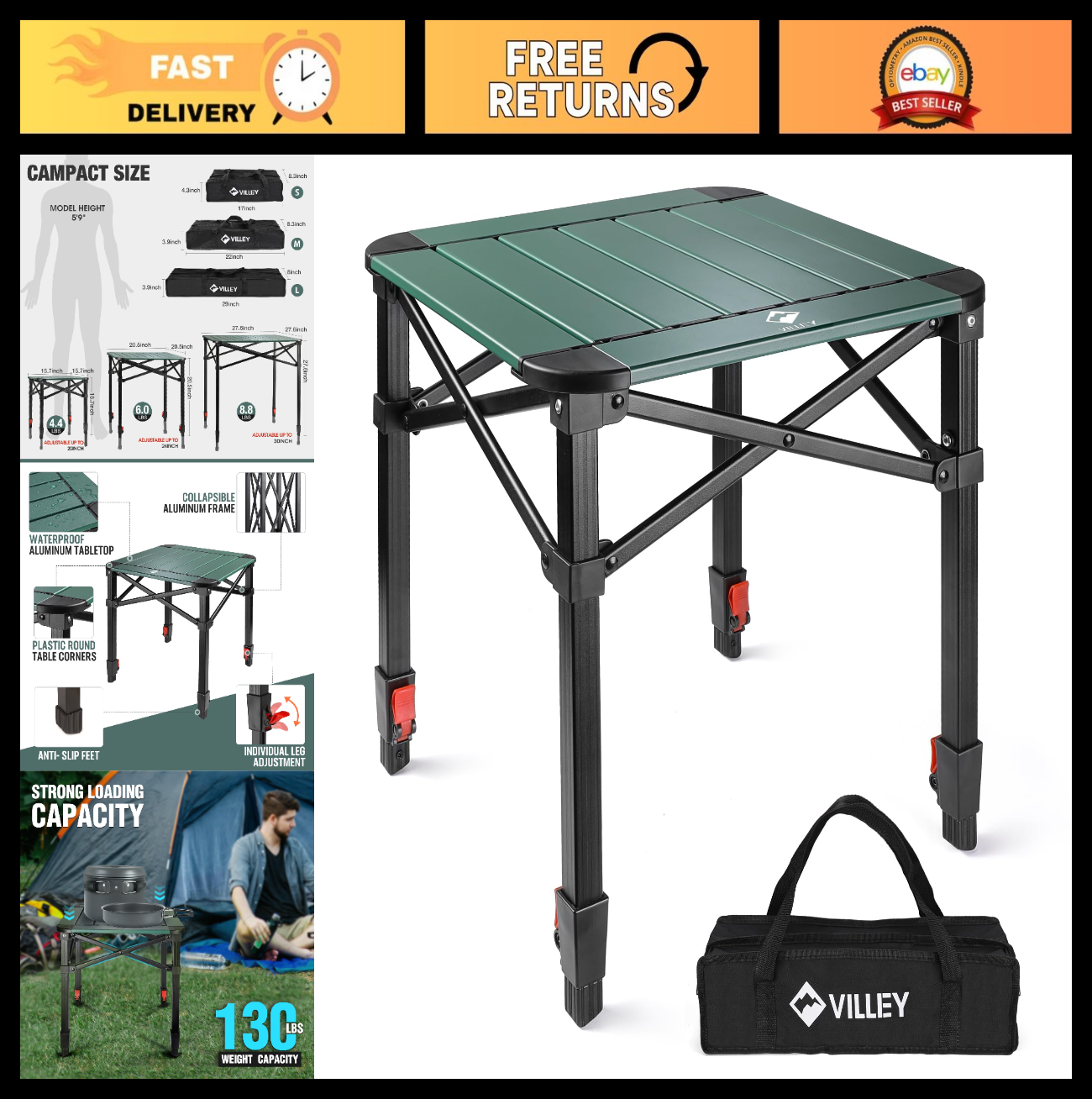 Lightweight Adjustable Folding Camping Table with Carry Bag - Outdoor Picnic BBQ0
