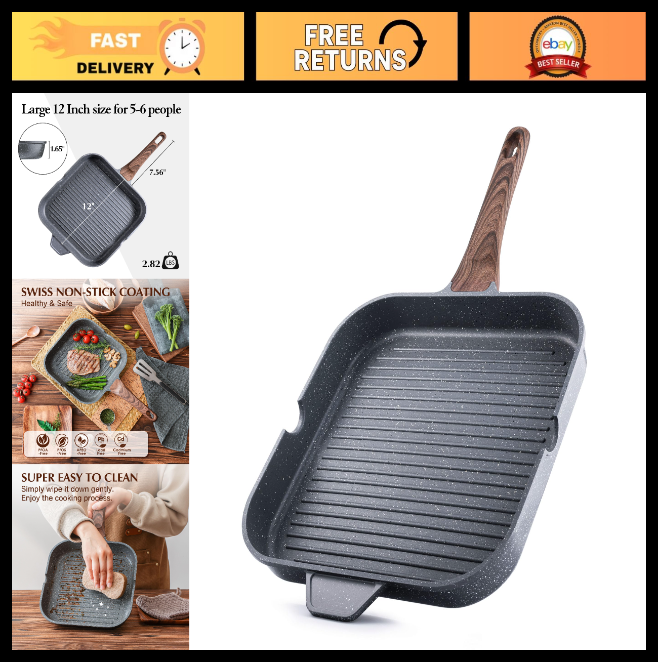 12-Inch Nonstick Grill Pan - Versatile Indoor/Outdoor Griddle with Pour Spouts0