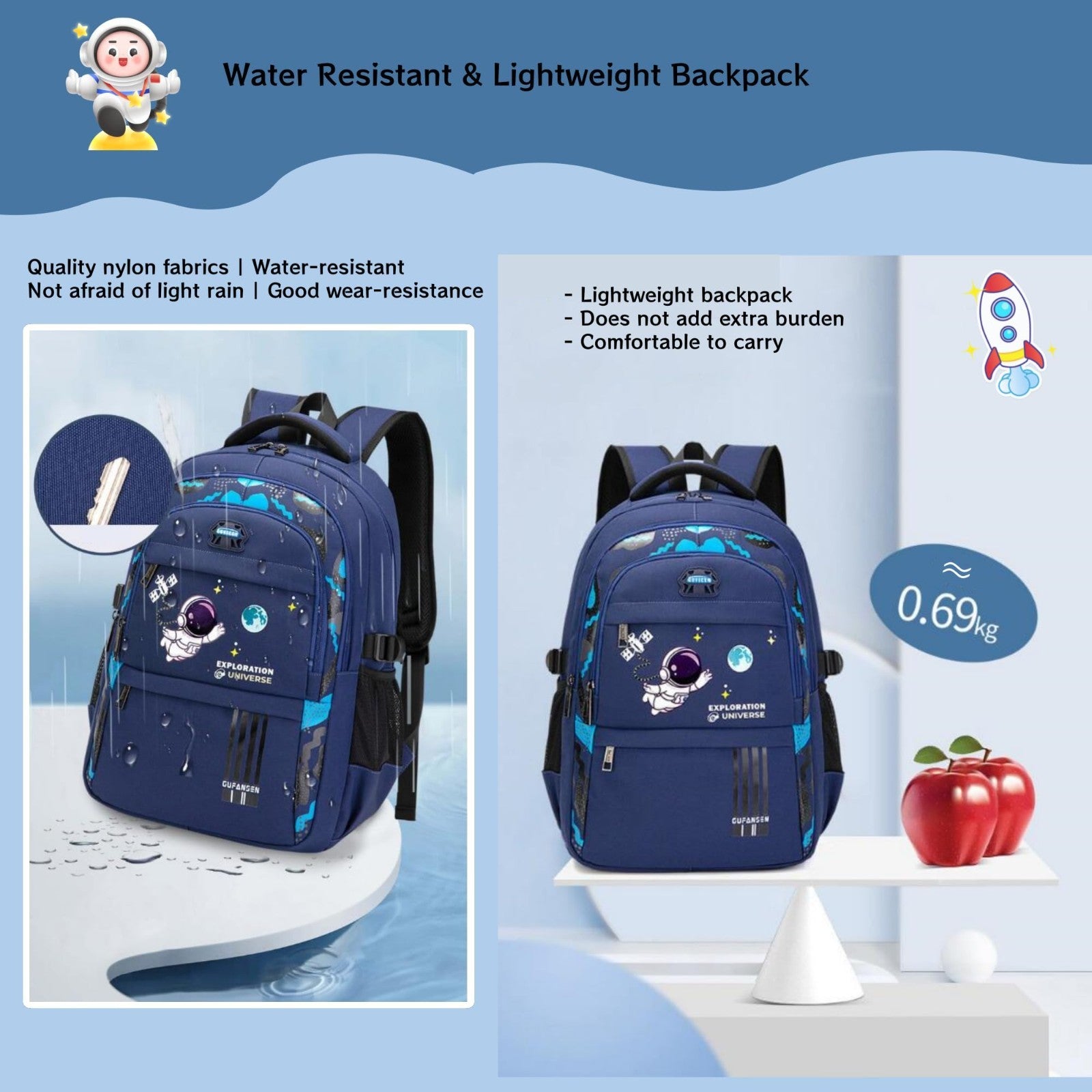 3pcs Boys Lightweight Astronaut Backpack Set with Lunch Box for School, Black4
