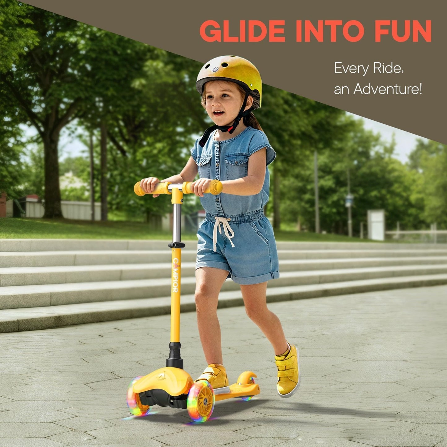 Kids Yellow Mini 3-Wheel Scooter - Lean-to-Steer, LED Wheels, Adjustable Handleb3