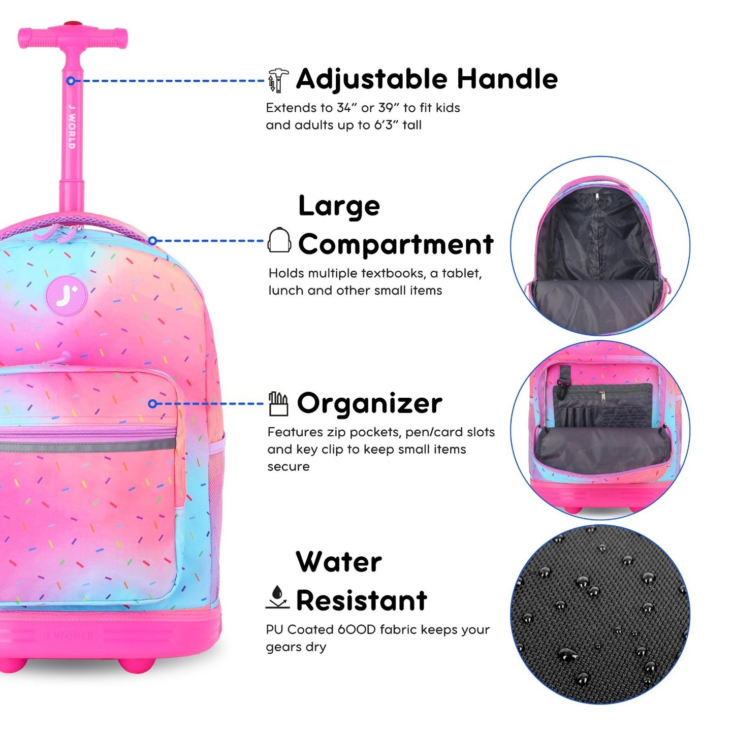Kids Rolling Backpack with Wheels, 18" Bookbag for School, Girls & Boys, Confett1