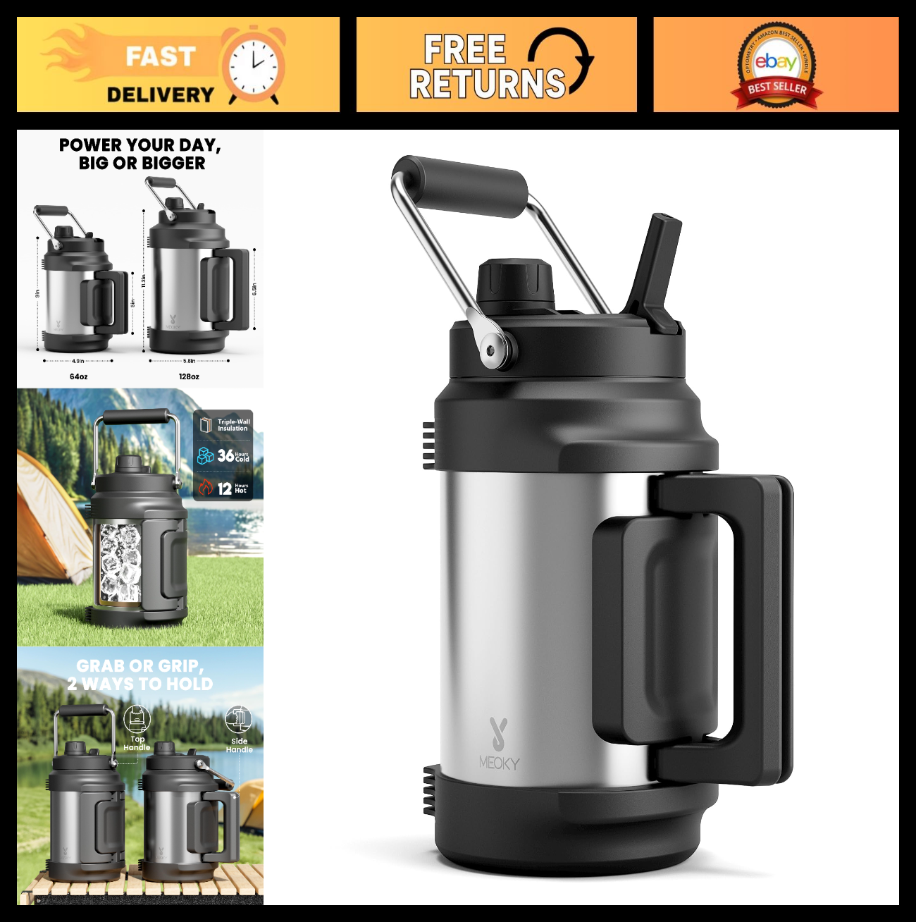 64 oz Insulated Water Bottle - Triple Wall Vacuum, Half Gallon Jug, Leak Proof,0