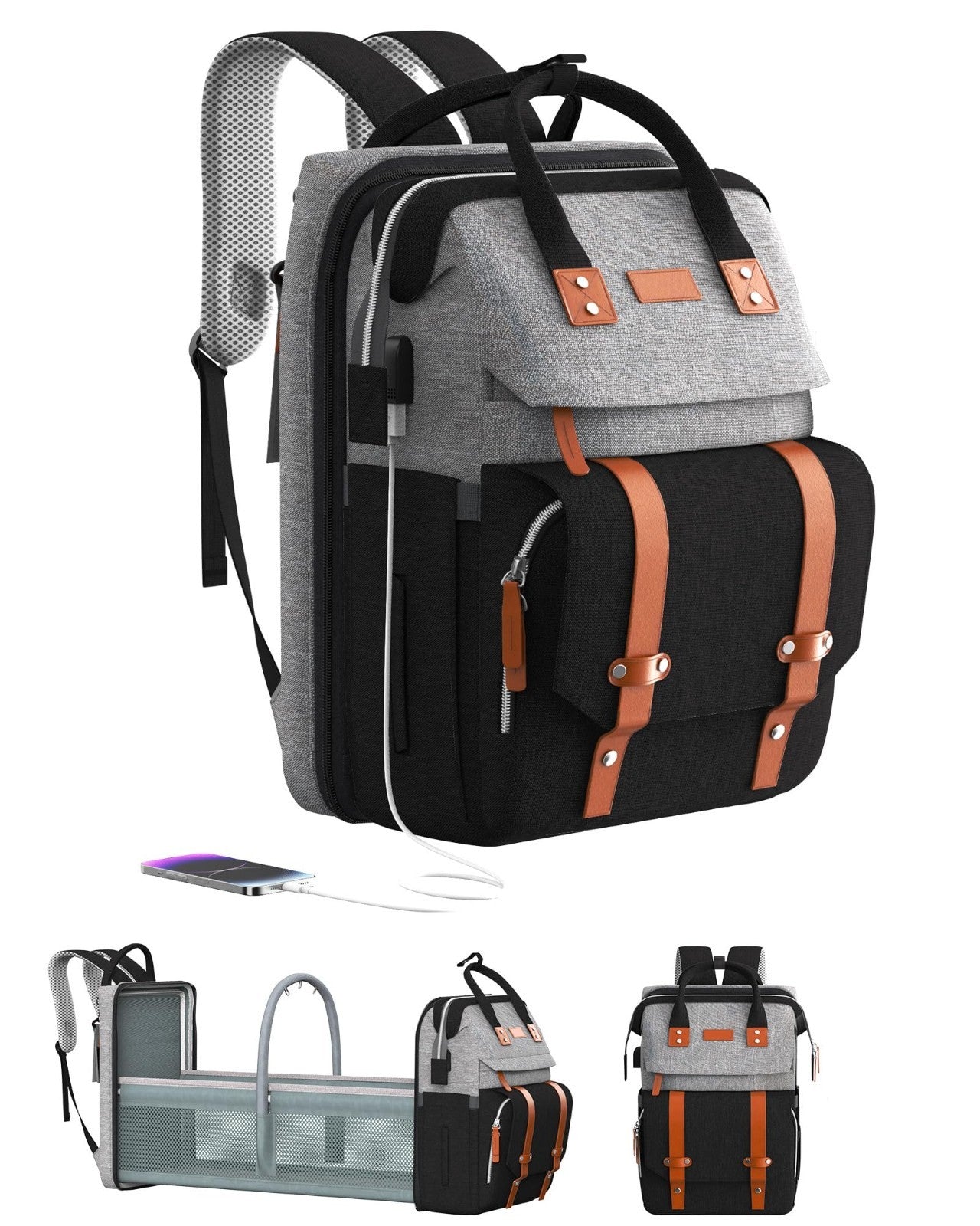 Diaper Bag Backpack with Changing Station   Stylish Baby Diaper Bag, Grey/Black1