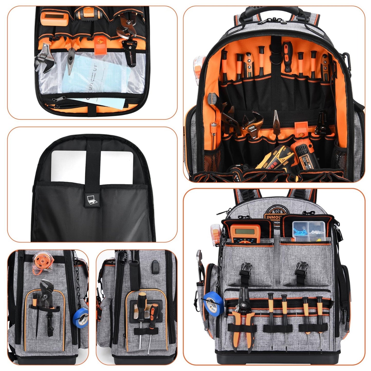 Heavy Duty Tool Backpack 18.5"   56 Pockets, Molded Bottom, Gray Storage Bag5
