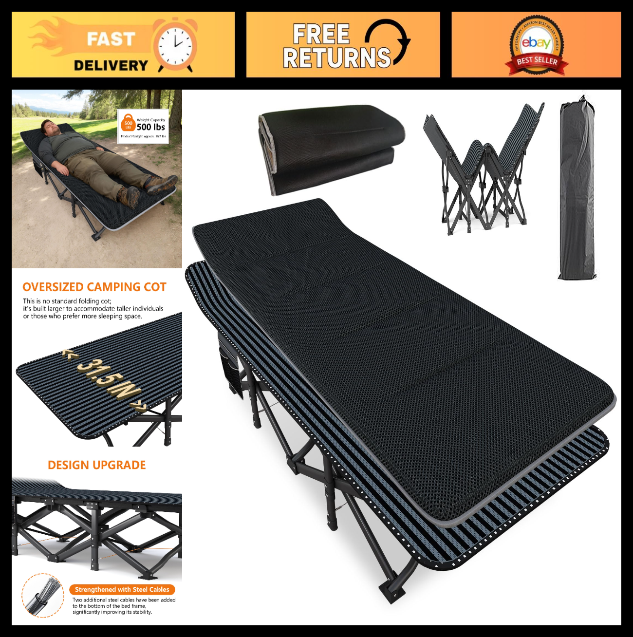 Oversized 31.5" Camping Cot for Adults   Heavy Duty 500LBS, Soft Sleeping Pad, C0