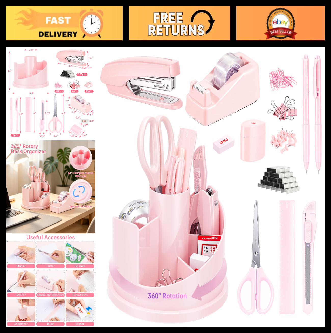 Pink Office Supplies Set   Desk Accessory Organizer Kit for Deli & Home Use0
