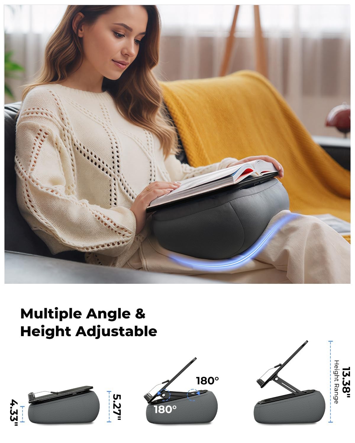 Adjustable Lap Book Pillow Stand with Storage, Multi-Angle Reading Cushion for B4