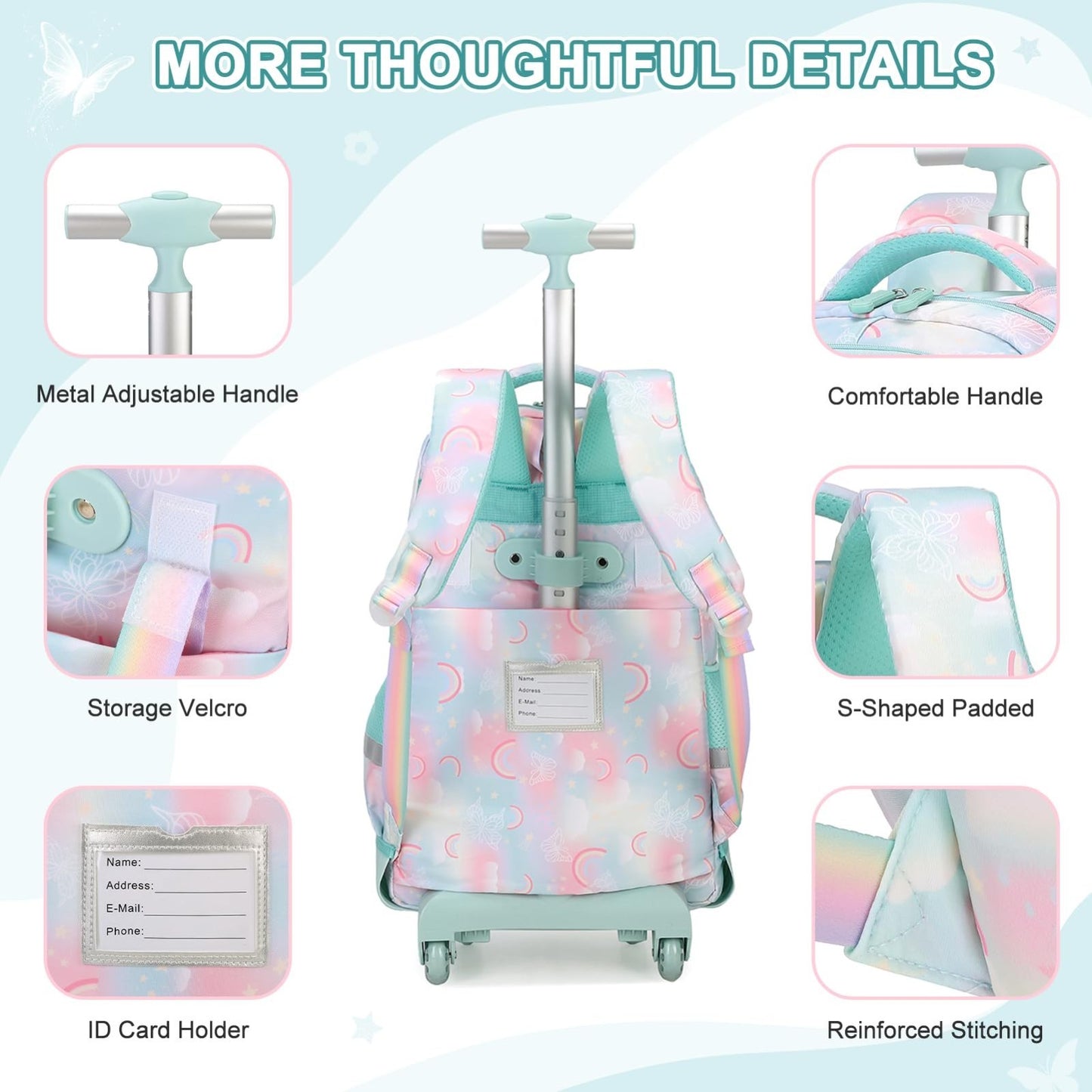 Rainbow Butterfly Rolling Backpack Set for Girls   3PCS with Lunch Box (Green)6