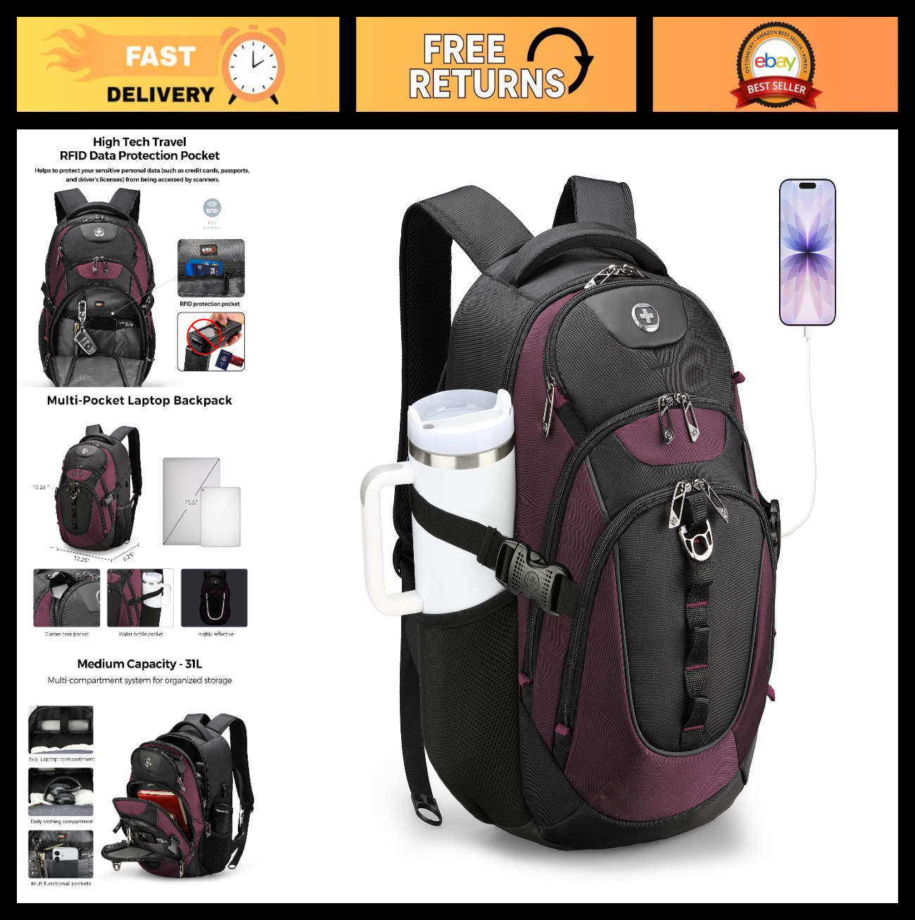Stylish Travel Laptop Backpack with USB Charging, Fits 15.6" Computer, 31L, Red/0