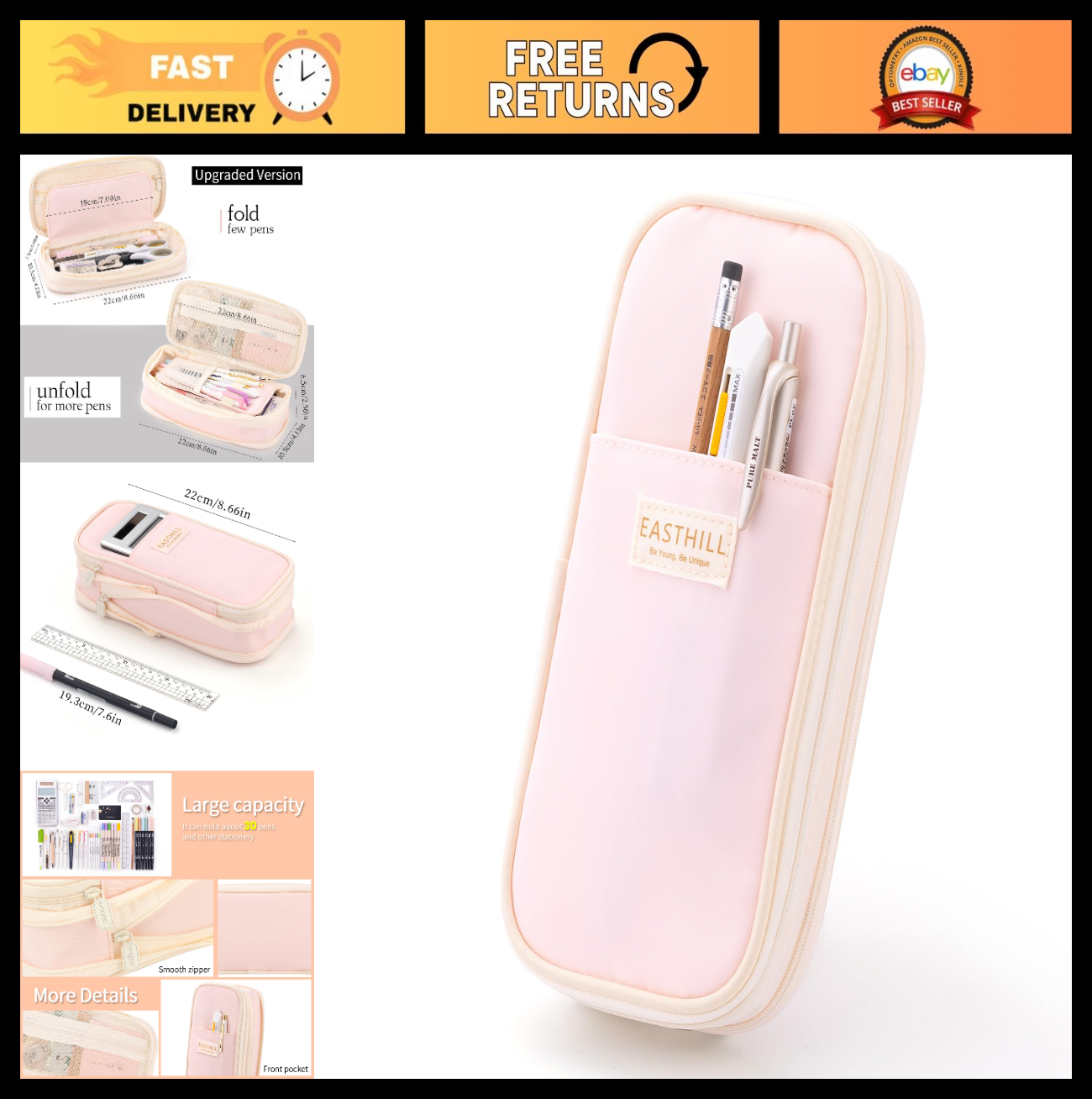 Large Capacity Pencil Case   Stylish Pink Pencil Pouch for School & Office Suppl0