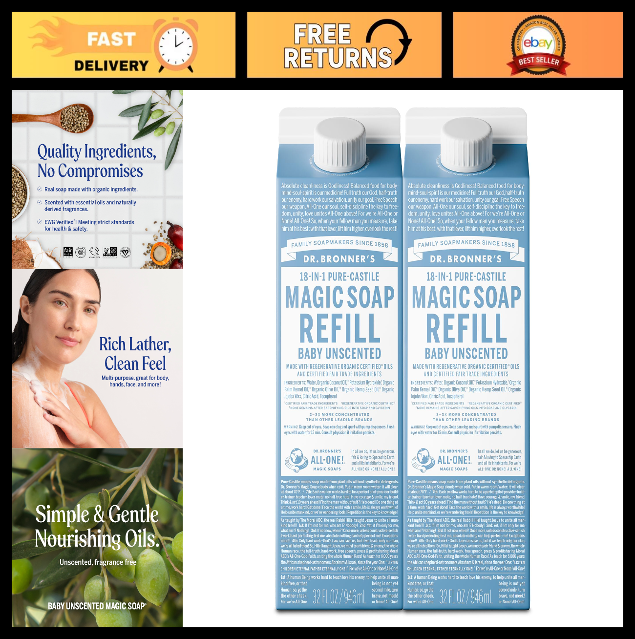 Pure Castile Liquid Soap Refill - Baby Unscented, 32oz 2-Pack, Organic, Vegan, M0