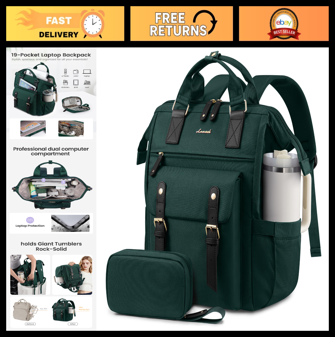 Stylish Waterproof Laptop Backpack for Women, 15.6" with Tumbler Holder, Travel0