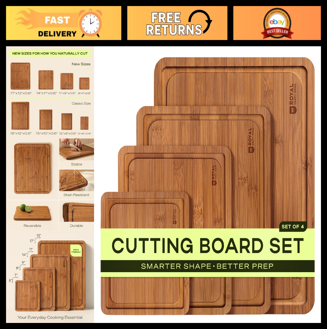 Wooden Cutting Boards Set   Bamboo Non Toxic Kitchen Prep & Serving Boards, 4 Pc0