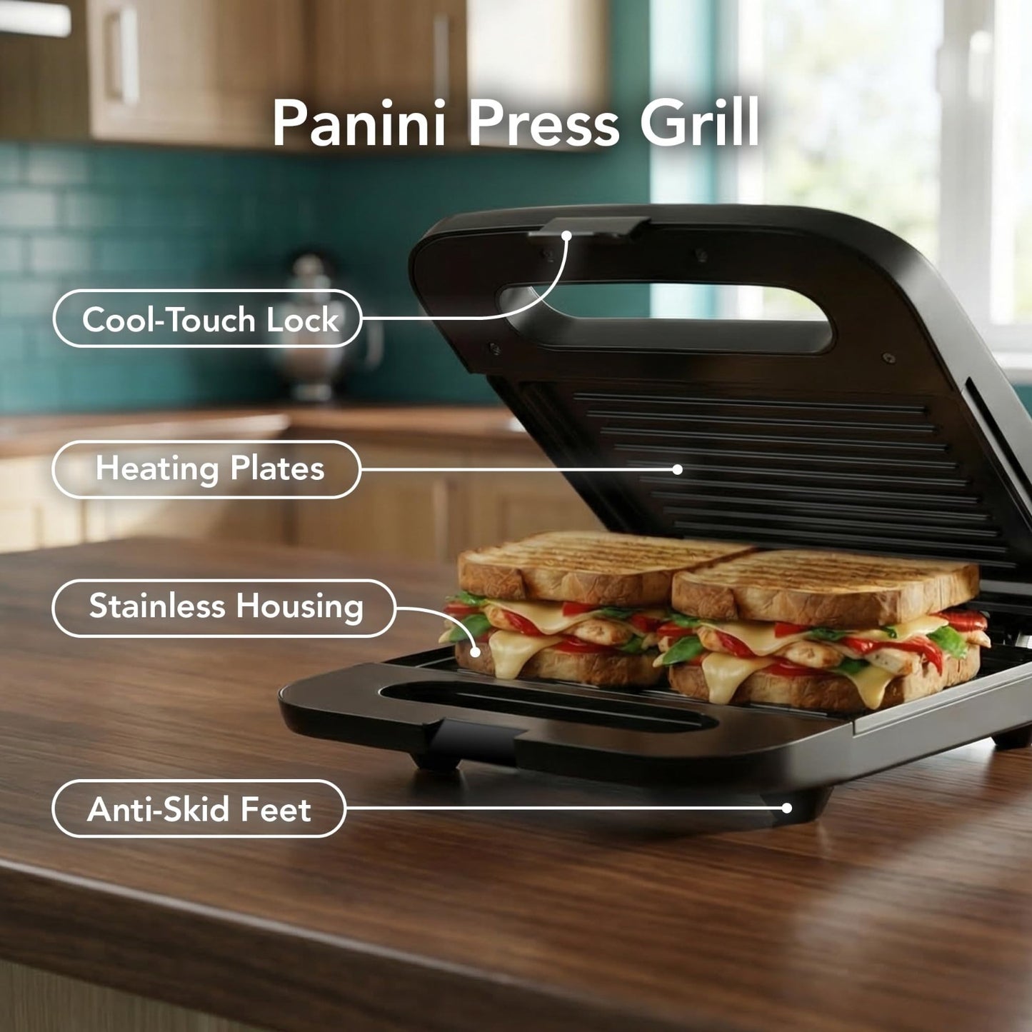 Compact Electric Panini Press Grill - Nonstick Plates, Thermostat Control, LED I4