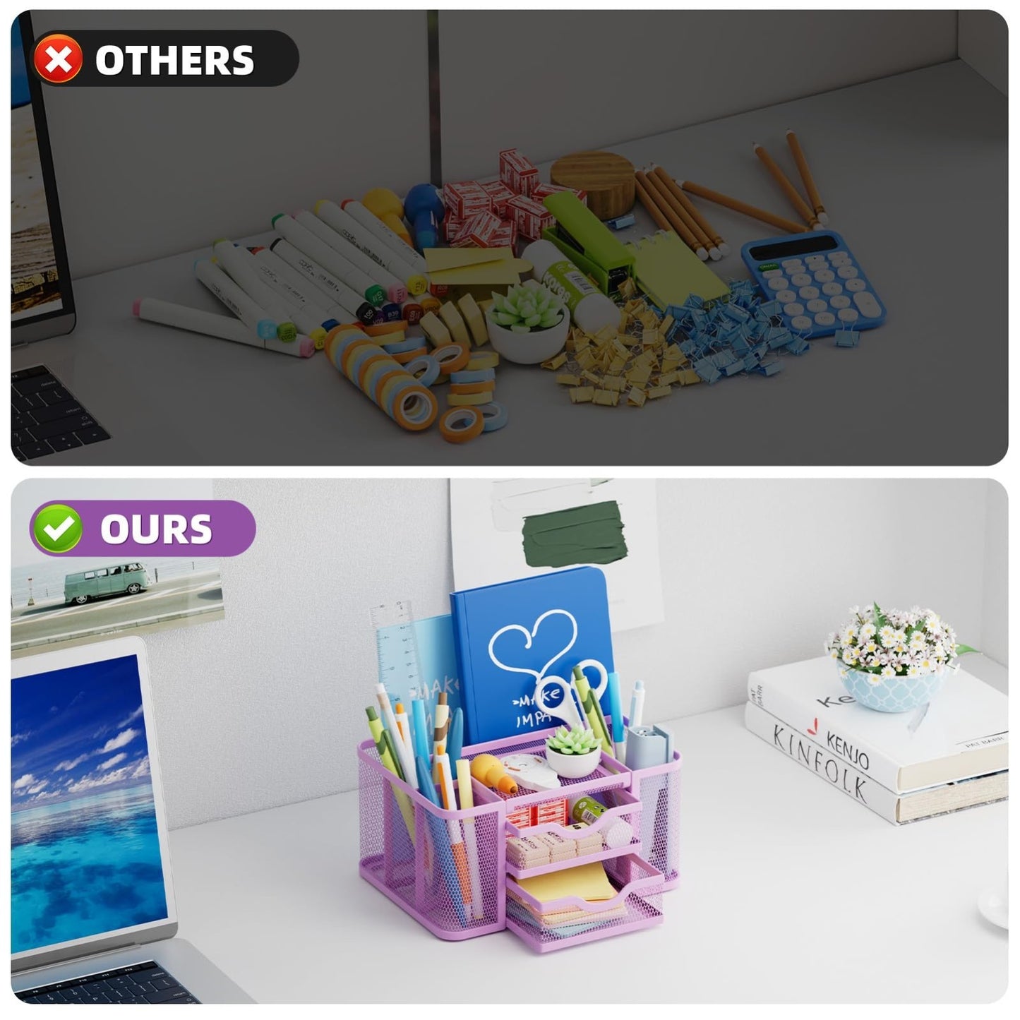 Multi Functional Mesh Desk Organizer with 2 Drawers, 5 Compartments, Purple5