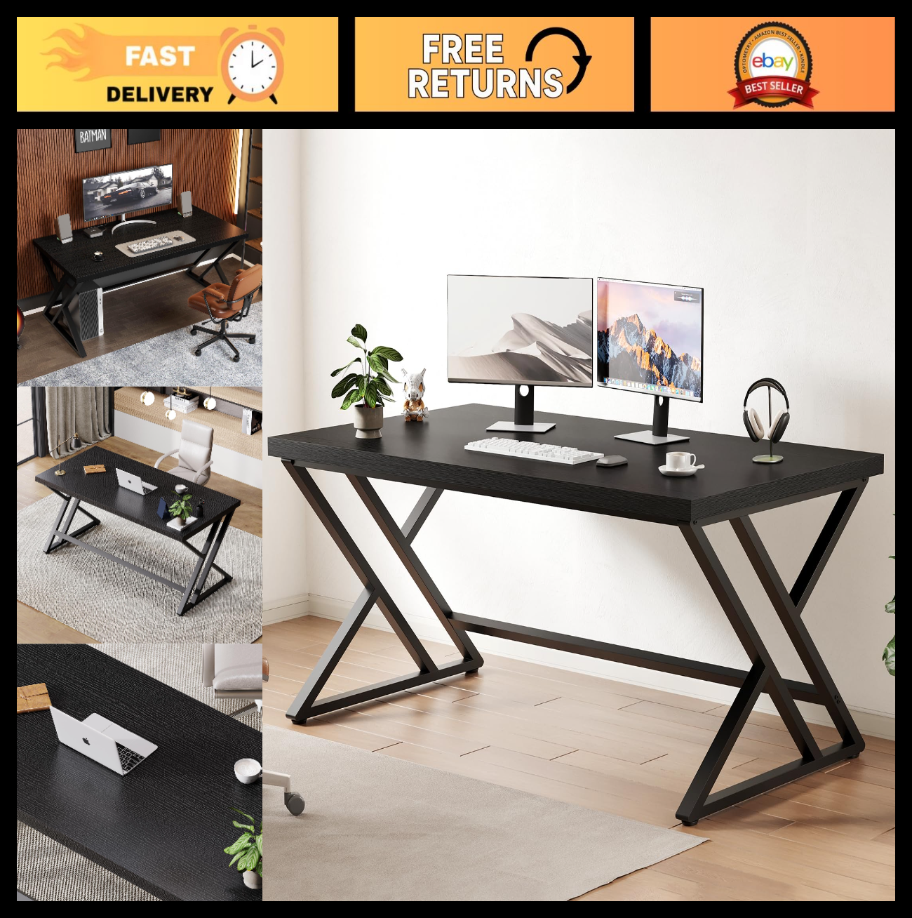47 Inch Black Oak Metal Wood Computer Desk - Modern Home Office Furniture0