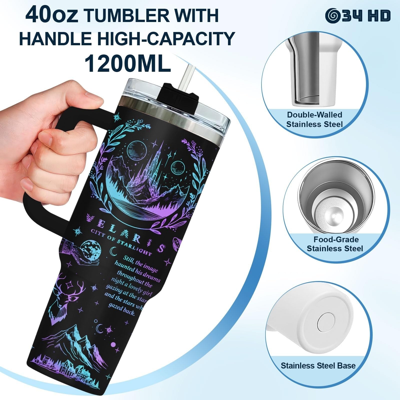 40oz Insulated Tumbler with Handle & Straw   Celestial Night Sky Design, Perfect7