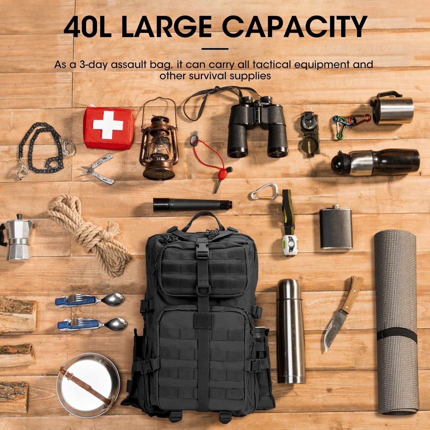 Tactical Military Backpack for Men   3 Day Survival Gear, Black, Outdoor Travel3