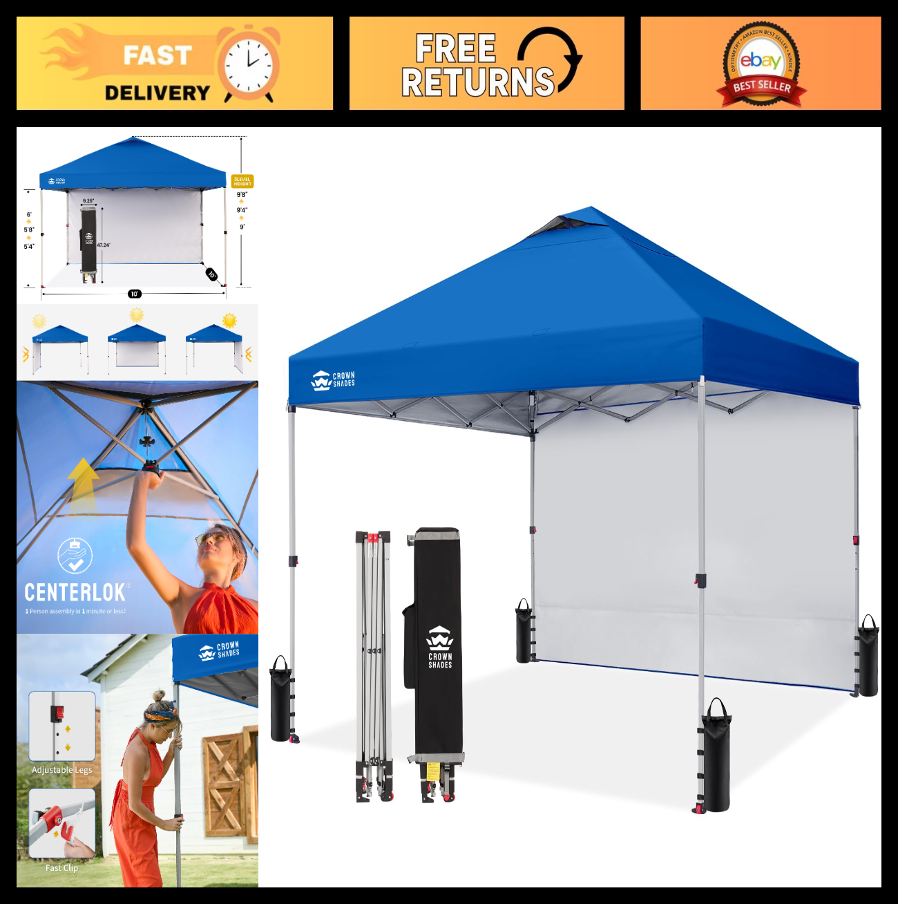 10x10 Pop Up Canopy Tent with Side Wall, Easy Setup Outdoor Shelter, Beach Gazeb0