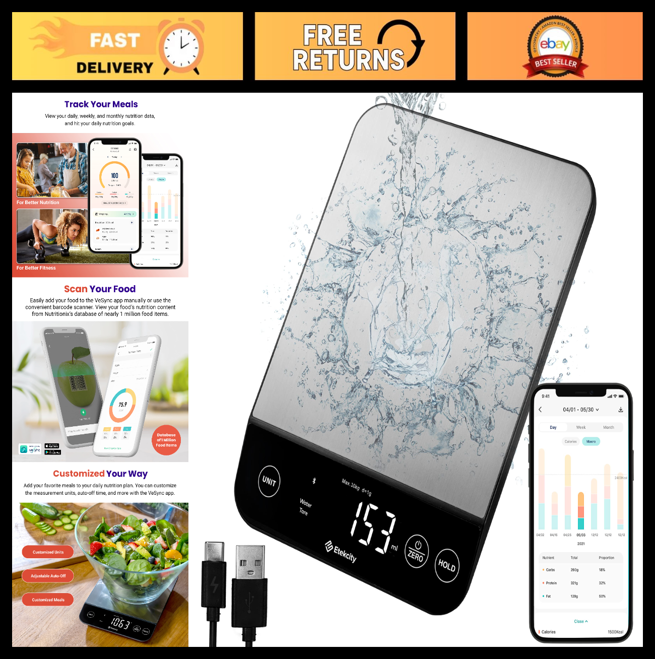 22lb Food Nutrition Scale   Smart Calorie Calculator, Waterproof Kitchen Scale0
