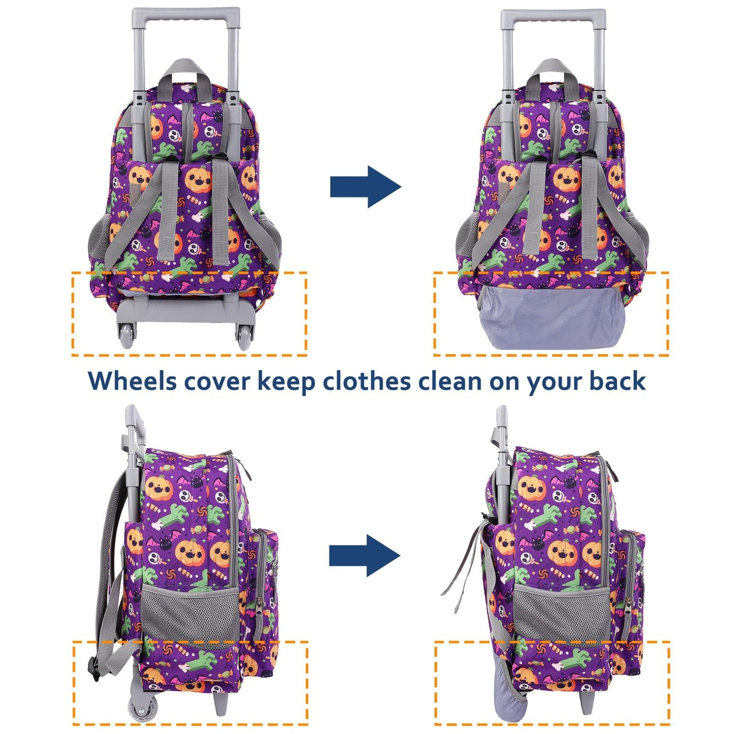 Wheeled Kids Backpack 18" Rolling Bag with Lunch Bag, Double Handle, Pumpkin Pur5