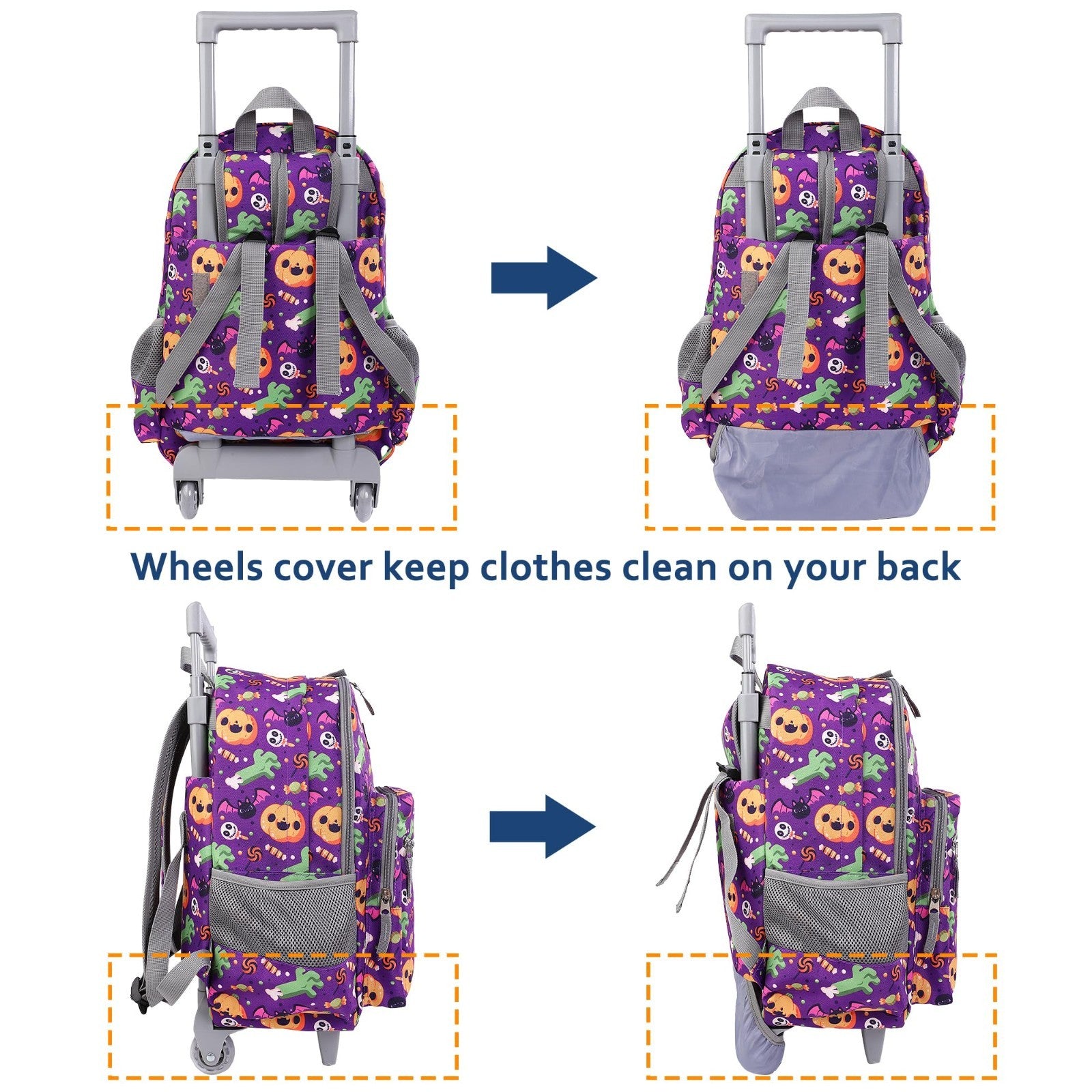 Wheeled Kids Backpack 18" Rolling Bag with Lunch Bag, Double Handle, Pumpkin Pur5