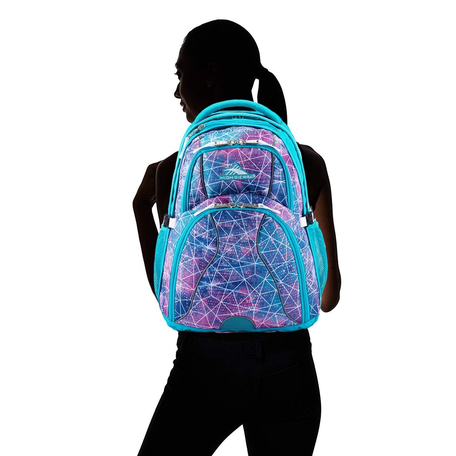 Stylish Laptop Backpack for School & Travel, Sequin Facets/Bluebird/White, One S5