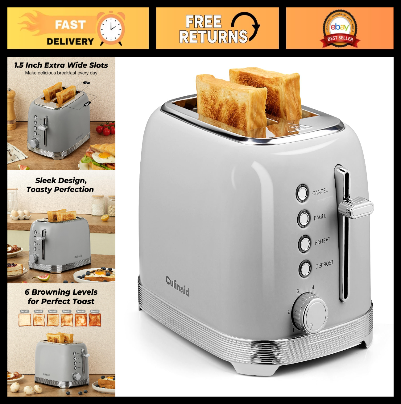 Retro 2 Slice Stainless Steel Toaster   Gray, Compact Design, Fast Toasting0