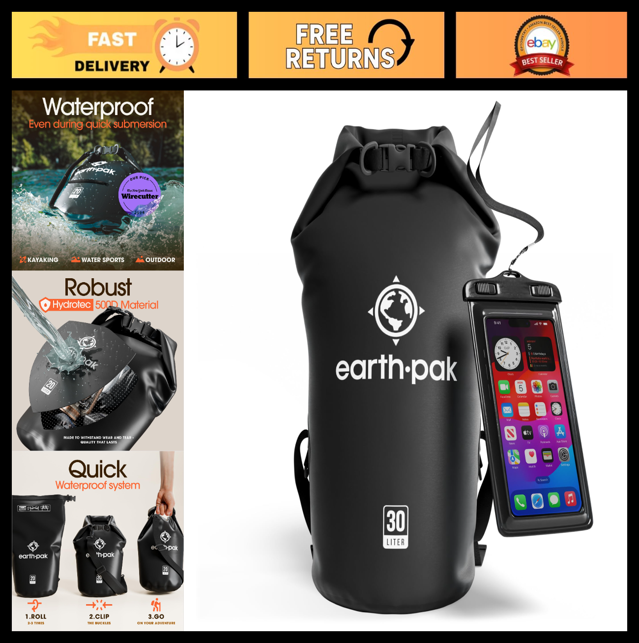 Waterproof Dry Bag Backpack   Roll Top Sack for Kayaking & Outdoor Gear + Phone0