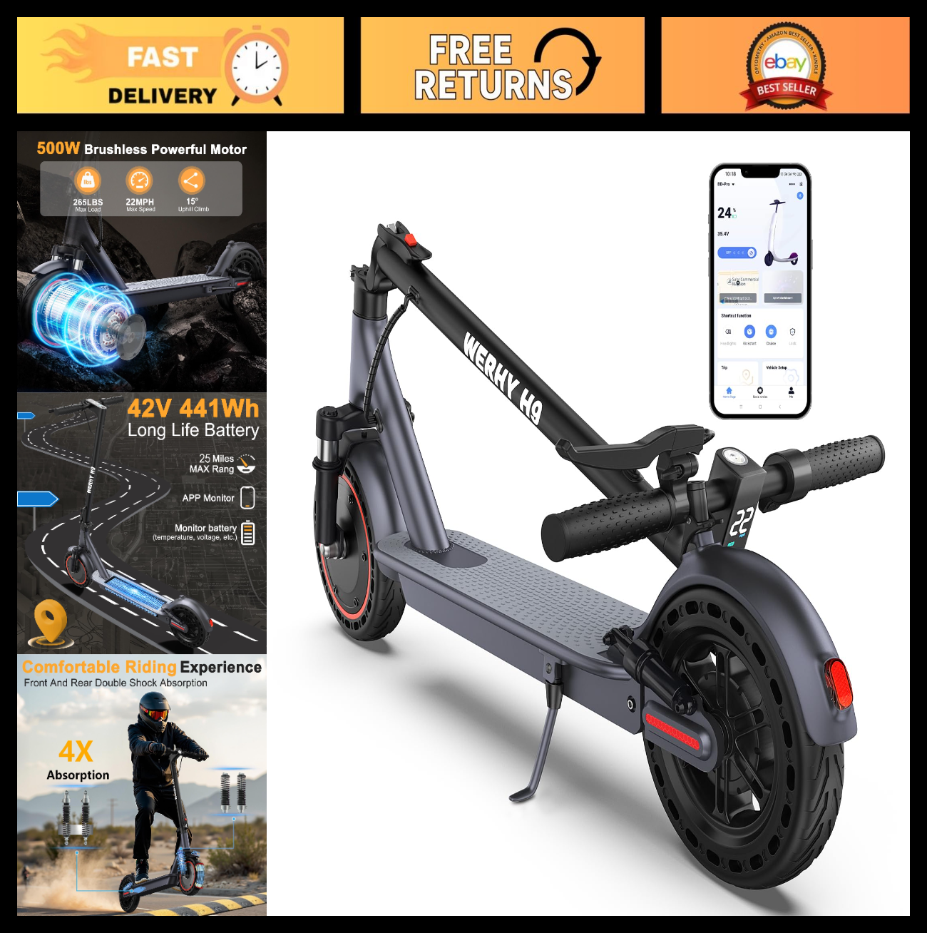 Powerful Electric Scooter 500W/350W Motor, 19MPH Speed, 16-27 Mile Range, Foldin0