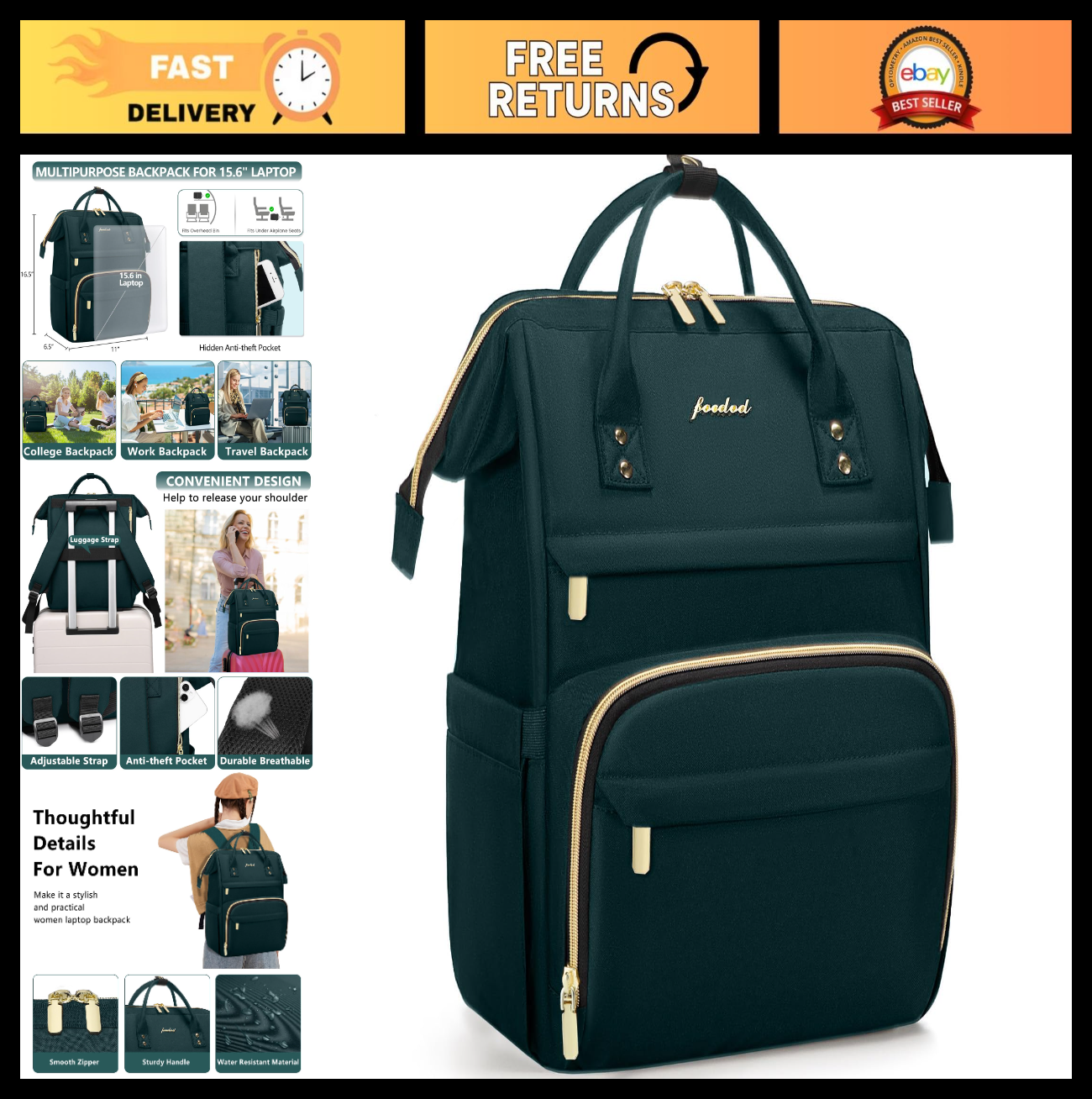Stylish 15.6" Laptop Backpack for Women   Waterproof Travel Work Bag, Nurse Teac0