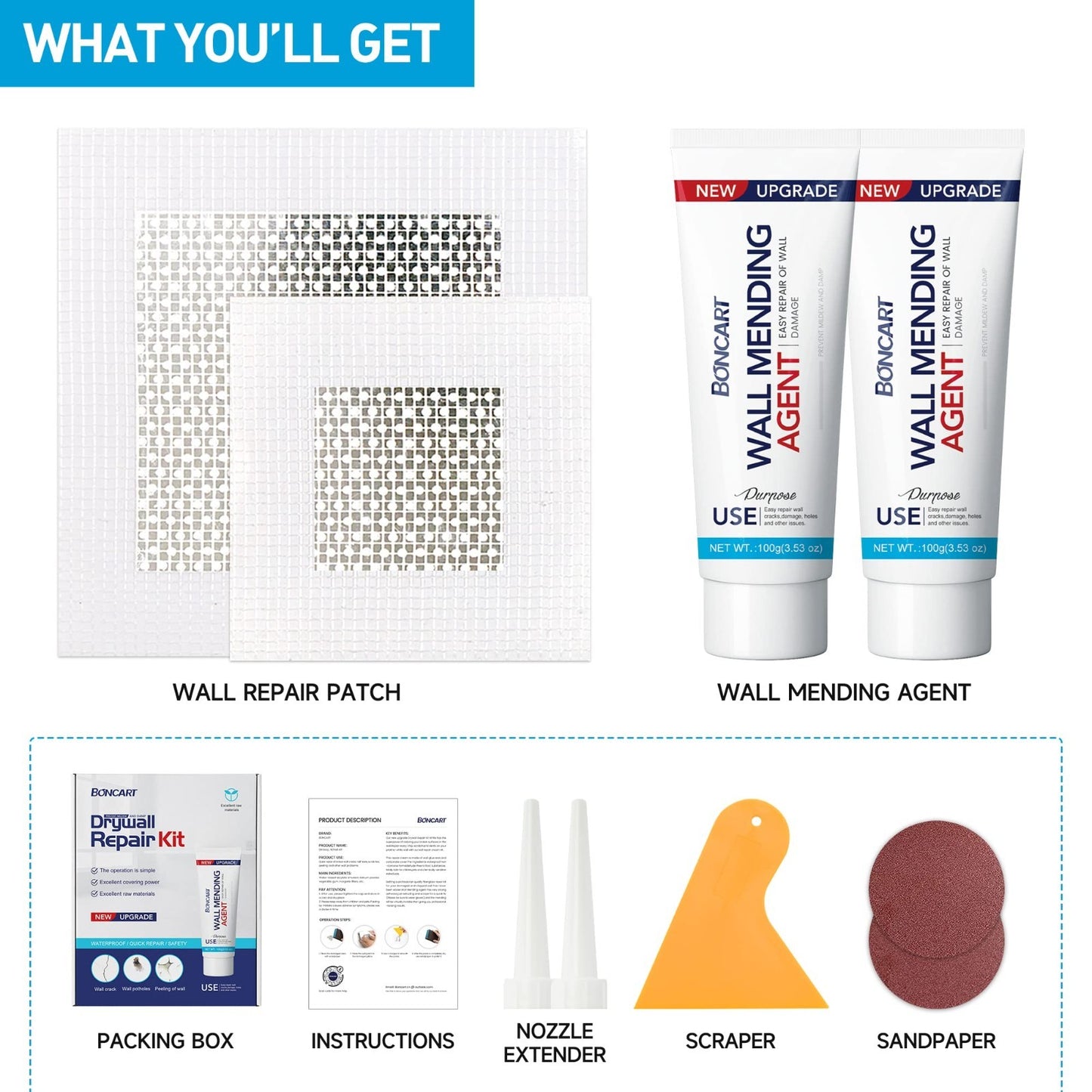 Drywall Repair Kit   Spackle Patch with Scraper, Sandpaper & Aluminum Patches fo1
