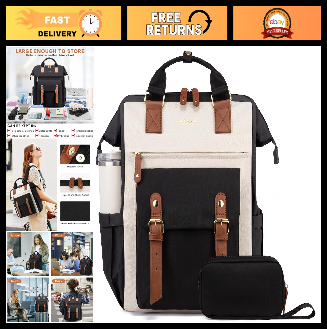 Stylish Laptop Backpack for Women, 15.6" Computer Bag, Work Travel Purse, Black/0
