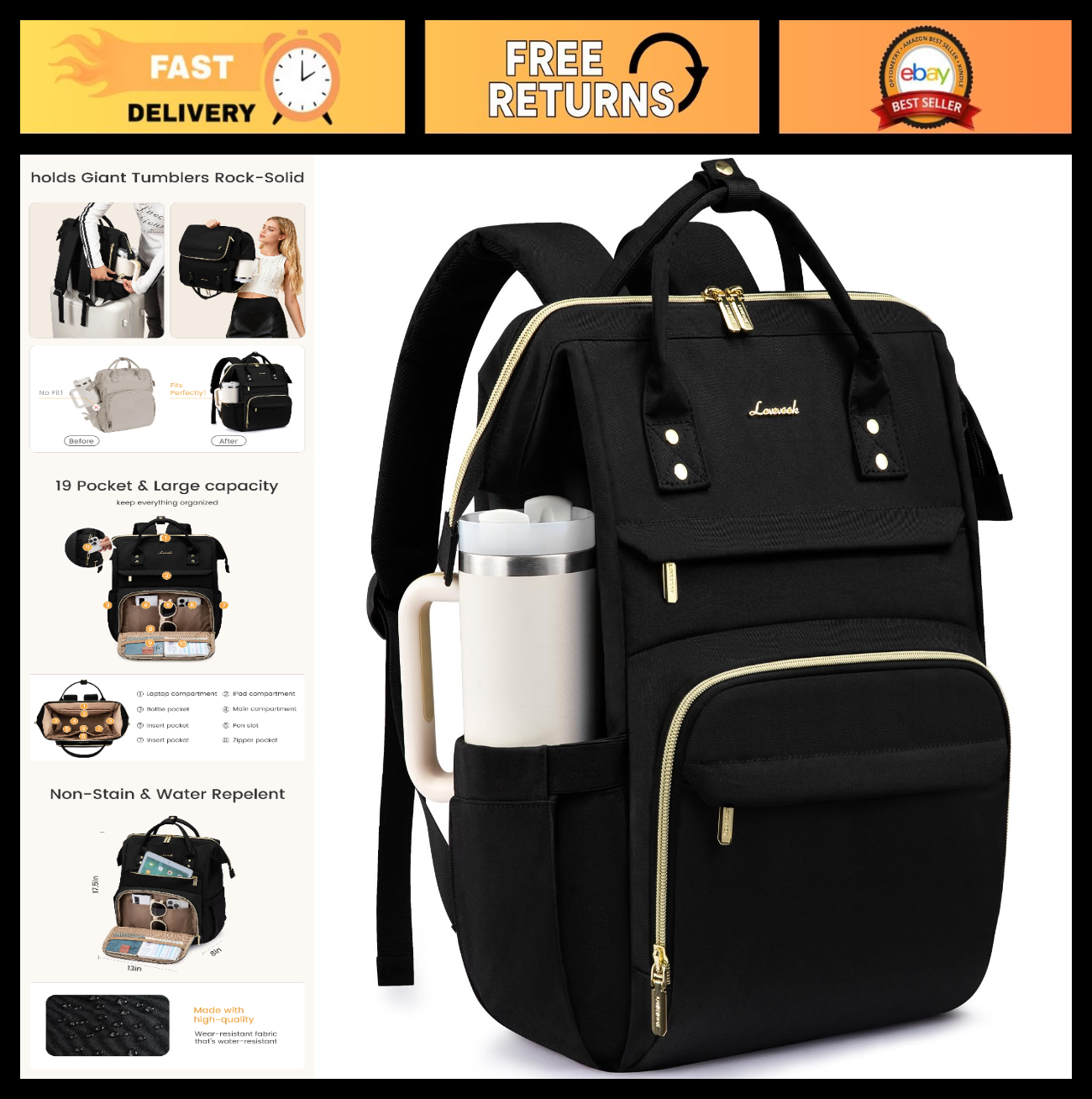 Spacious Waterproof Laptop Backpack for Women, 18" Travel Bag with Tumbler Holde0