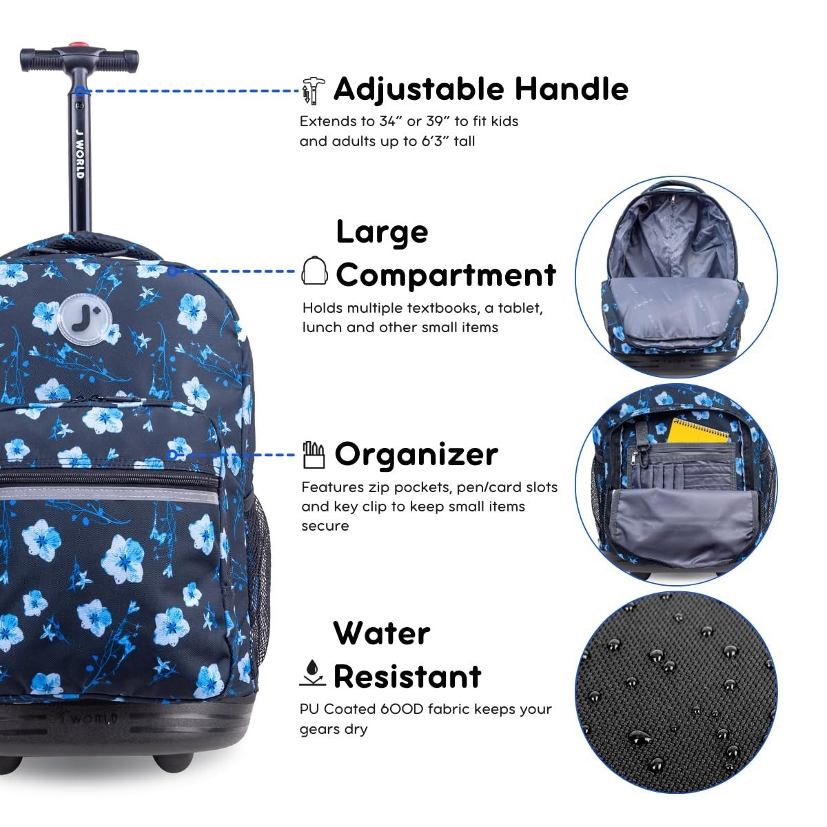 Kids Rolling Backpack with Wheels, 18" School Bookbag for Girls & Boys, Night Bl5