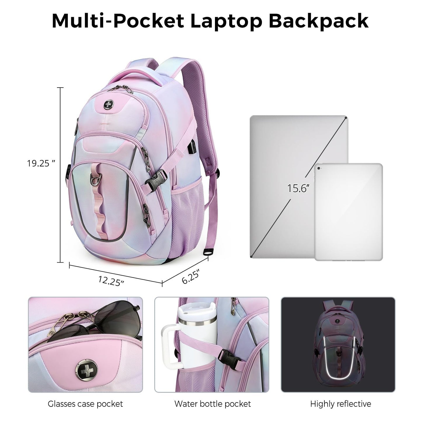 Stylish Pink Purple Laptop Backpack, Travel Bag with Multiple Compartments, Dura4