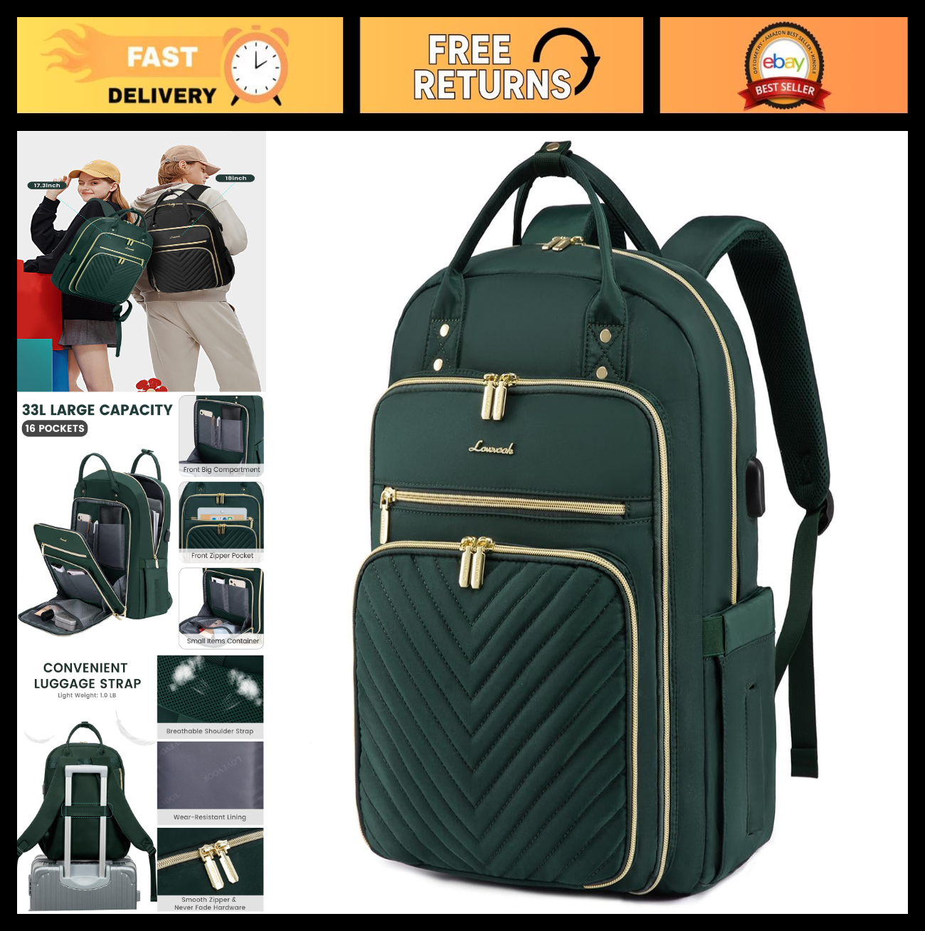 Stylish Water Resistant Laptop Backpack for Women, USB Charging, Travel Work Bag0